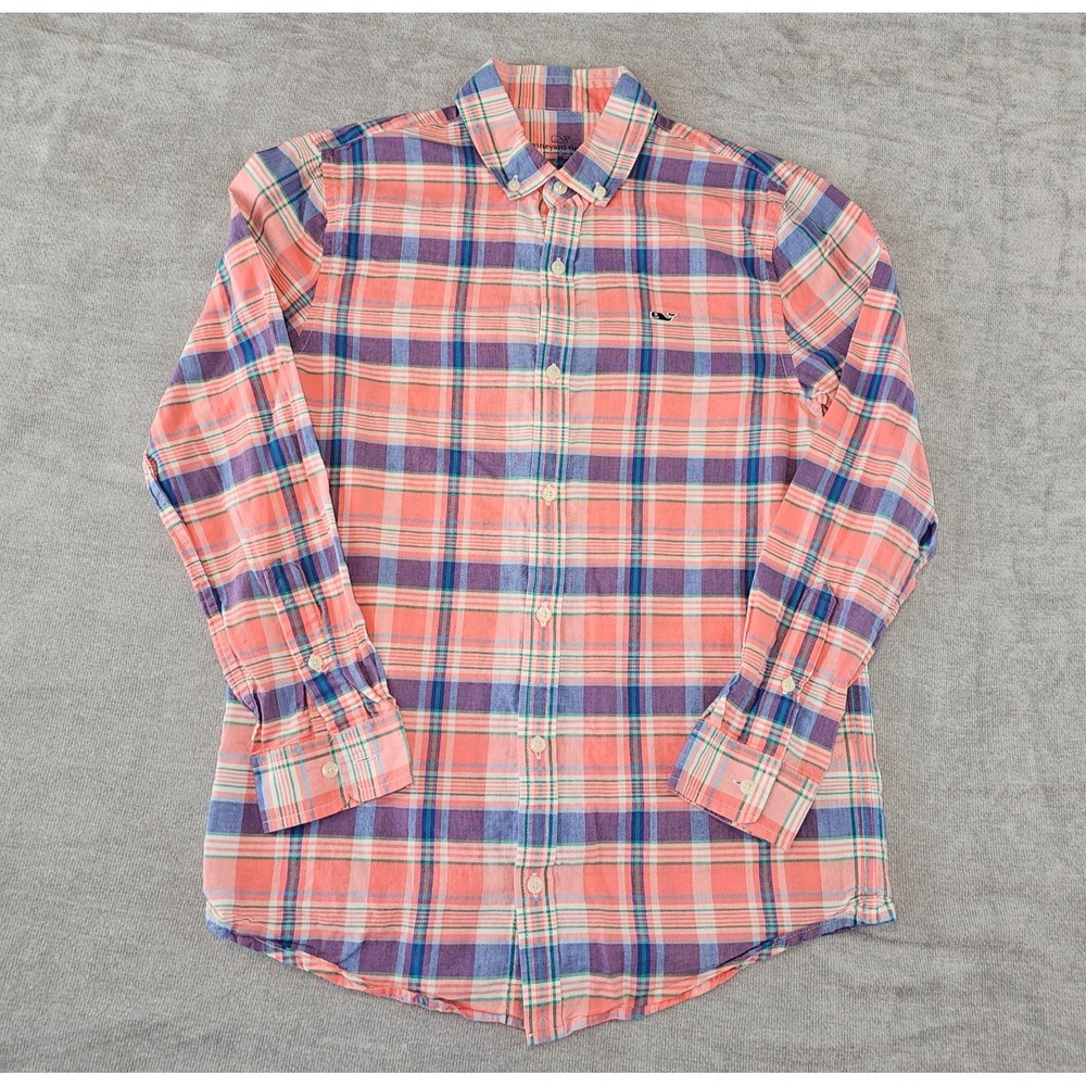 Vineyard Vines Shirt Boys Medium 12-14 Pink Plaid Performance Whale Long Sleeve